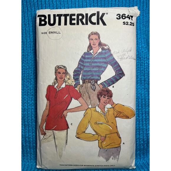Butterick Sewing pattern 3647 Polo shirt kangaroo pocket 1980s size small - Picture 1 of 6